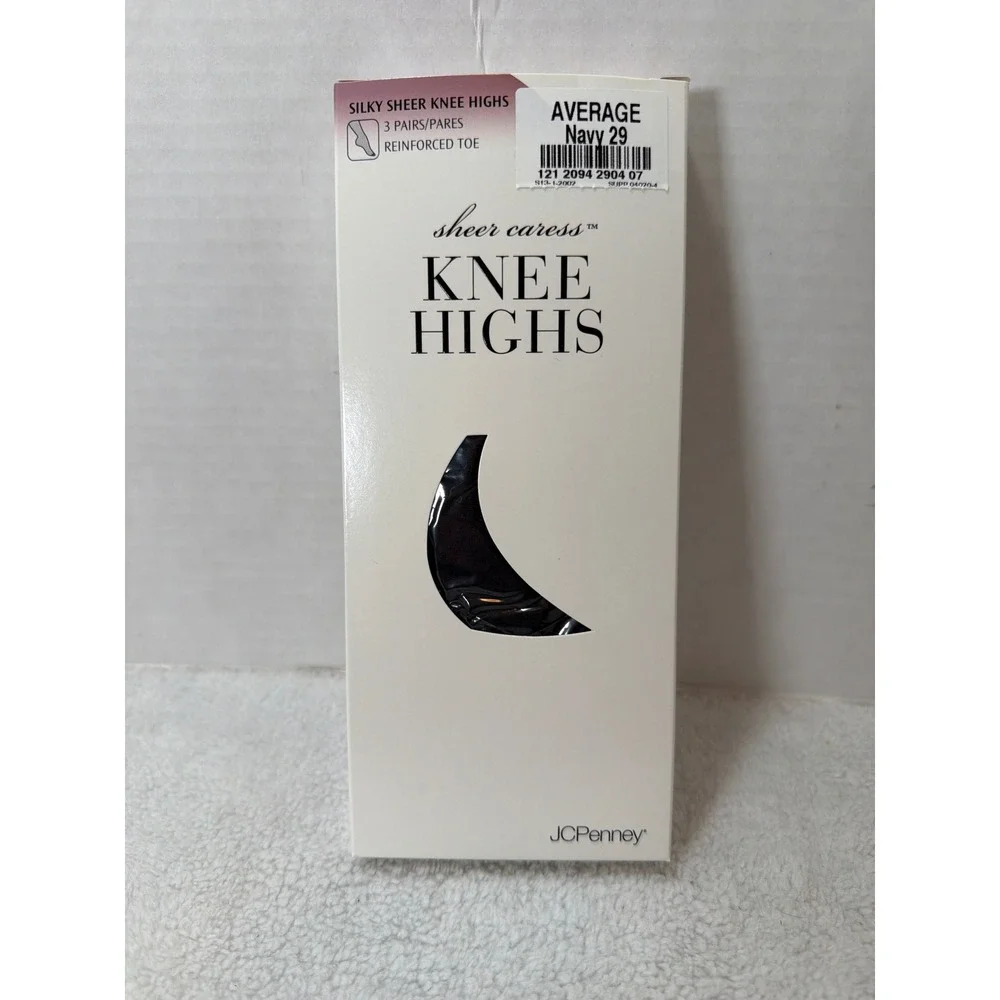 NOS JCPenney Sheer Caress Knee Highs Womens‎ Average Navy 3 Pairs Reinforced Toe